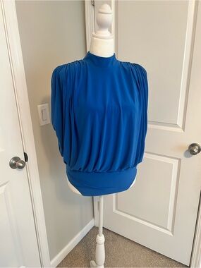 Express Royal Blue High Neck Open Back Blouson Bodysuit